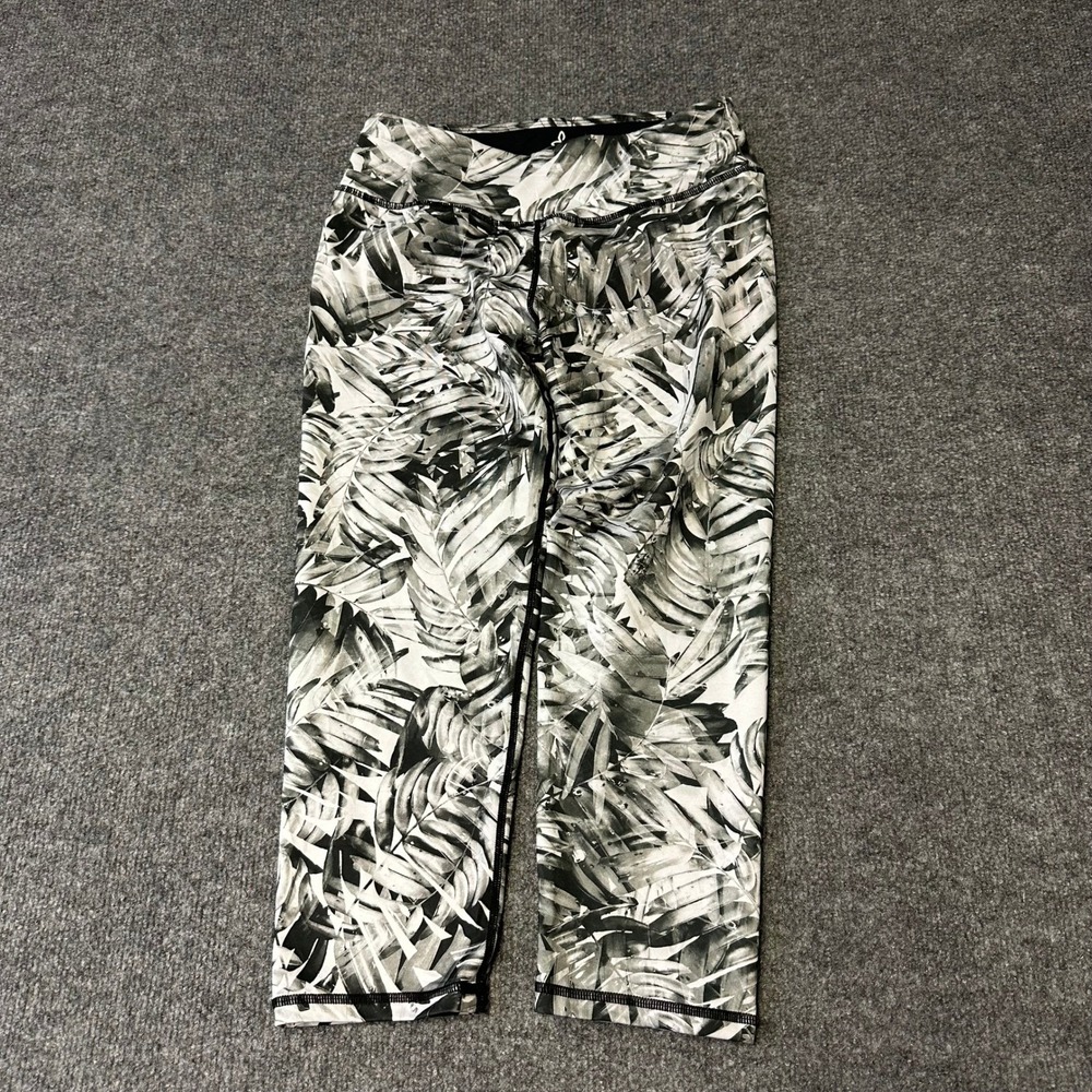 prAna Leggings Womens Size M Black White Tropical Palm Leaf Crop Yoga USA Made